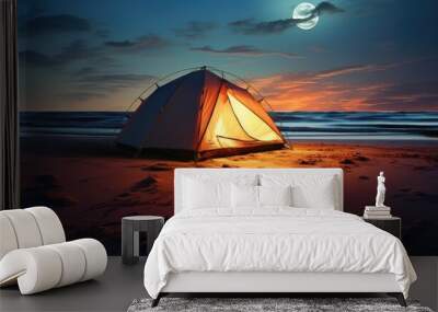 Illuminated Tent on a Beach Under Moonlight Wall mural