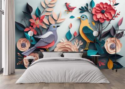 Paper art flowers and birds, generated by AI Wall mural