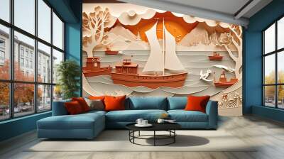 Paper art sailboat at sea, AI generated Wall mural