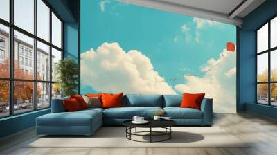 Red Kite Soaring Amidst White Clouds in Blue Sky Wall mural