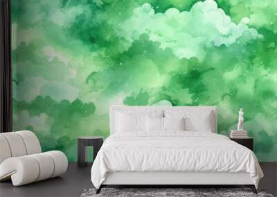 Serene Green Watercolor Clouds Abstract Wall mural