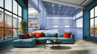 Spacious Industrial Warehouse with Blue Tones and Skylights Wall mural