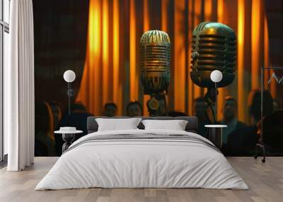 Vintage Microphones Await Performers in Spotlight Wall mural