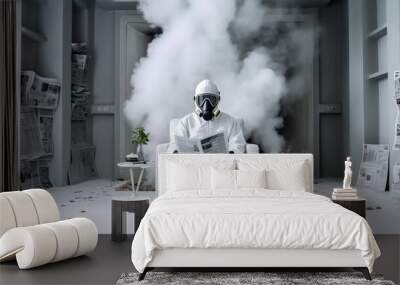 a man in a gas mask and a protective white suit sits on an armchair and reads a newspaper in a modern room with a white interior filled with smoke, a catastrophe  Wall mural