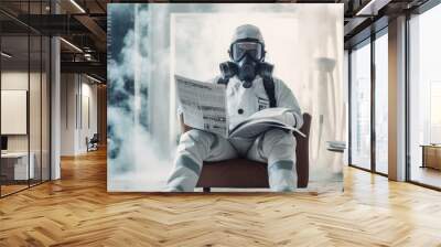 a man in a gas mask and a protective white suit sits on an armchair and reads a newspaper in a modern room with a white interior filled with smoke, a catastrophe outside Wall mural