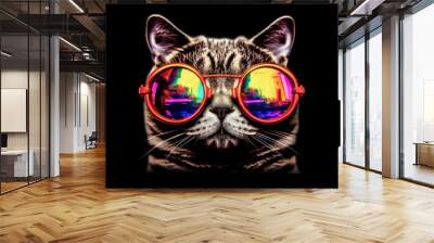 portrait of a gorgeous stylish trendy modern cat animal in stylish glasses. Black backgorund. Creative portrait in iridescent neon colors, concept photo in neon lighting. AI generated. Wall mural