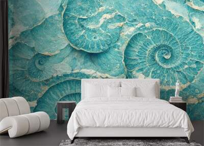 Elaborate and unique calcified aquamarine blue ammonite sea shell spirals embedded into rock. Prehistoric fossilized detailed rough grunge texture and surface patterns. Wall mural