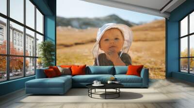 Baby girl traveling in mountains family active lifestyle cute infant child vacations outdoor kid portrait Wall mural