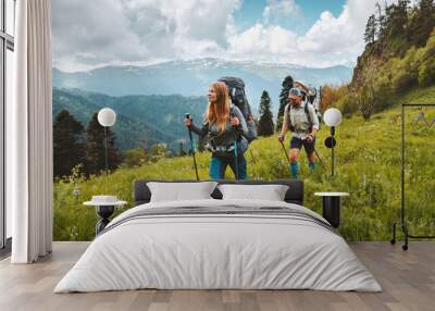 Family hiking in mountains travel adventure vacations group hikers couple with baby trekking outdoor healthy lifestyle eco tourism  Wall mural