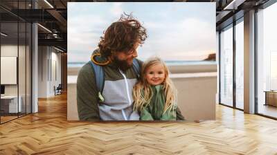 Father with daughter child walking outdoor parent dad with kid happy emotions family vacations lifestyle together Wall mural