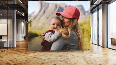 Mother and baby daughter family traveling together enjoying mountains view healthy lifestyle mom and child active vacations outdoors Mothers day Wall mural