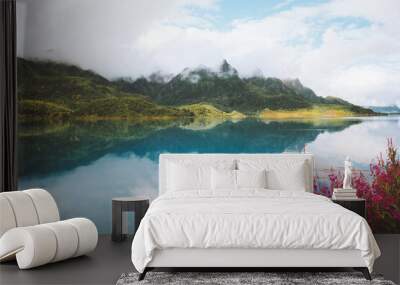 Norway fjord and foggy mountains landscape scandinavian nature beautiful travel destinations summer season Vesteralen islands Wall mural