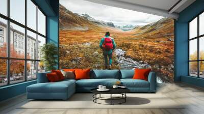 Traveling Man tourist with backpack hiking in mountains landscape active healthy lifestyle adventure vacations in Scandinavia Wall mural