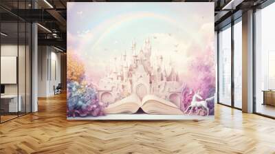 Fairytale Fantasy Frames, a magical frame adorned with fairytale motifs like castles, dragons, and unicorns on a storybook background, framing storybook illustrations. Wall mural