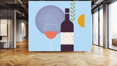 Abstract modern poster of wine bottle, glass. Cocktail, alcohol beverage. Wine tasting concept. Invitation template for an event, festival. Graphic design for restaurant. Isolated vector illustration Wall mural