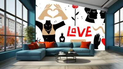 Big set of abstract love elements. Isolated flat vector collection of hand drawn romantic symbols: heart, couple in love, hands, body parts. Cute and trendy design for a greeting card Wall mural