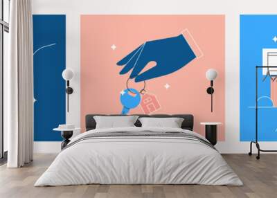 Buying house, new home. Mortgage concept. Investment in real estate, property. Hand holding a key with a ring, house in the shopping cart. Collection of isolated flat vector illustrations Wall mural