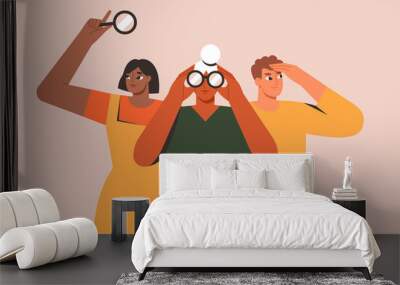 Search, recruitment, business strategy concept. Group of people looking in binoculars, magnifying glass. Exploring opportunity, predicting future, forecasting. Isolated flat vector illustration Wall mural