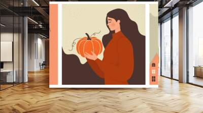 Set of cute and cozy autumn illustrations. Cup of hot coffee, beautiful young girl holding an orange pumpkin, little houses under autumn sky. Collection of flat vector designs for card, poster, web Wall mural