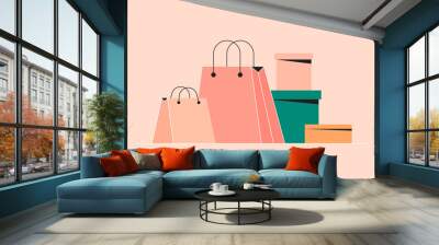 Set of shopping bags and boxes. Paper packaging for products. Sale, discount concept. Buying gifts and presents in shop, store. Isolated flat vector illustration Wall mural