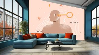 Therapy, psychotherapy, psychology concept. Open mind. Human head with a keyhole and key. Philosophy metaphor, personality. Abstract modern illustration about mental health. Isolated vector design Wall mural