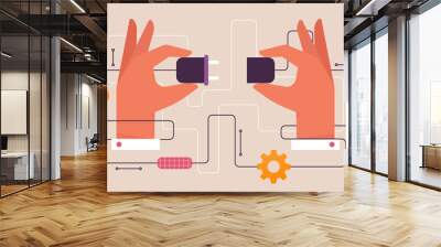 Two hands connecting an electric plug and a power socket together. Integration, connection, collaboration concept. Electrical circuit, wiring. Isolated flat vector illustration Wall mural