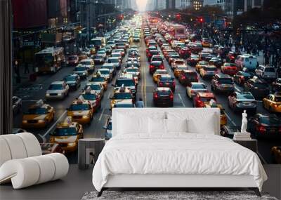 Chaotic Urban Rush Hour Traffic Gridlock in Busy City Landscape Wall mural