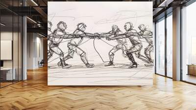 Tug-of-War Contest in Continuous Line Sketch Art Design Wall mural