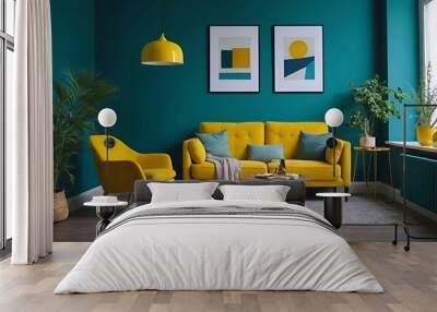 Vibrant yellow sofa and chair near teal wall with poster frame. Scandinavian interior design of modern living room.
 Wall mural