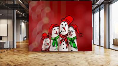 A lovely family hand drawn and finger of snowmen on blur backgro Wall mural