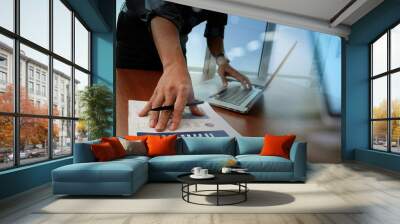 business documents on office table with smart phone and digital Wall mural