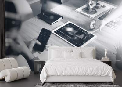 business documents on office table with smart phone and laptop c Wall mural