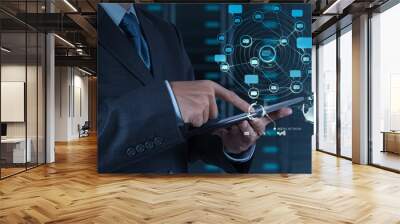 businessman using tablet computer shows internet and social netw Wall mural