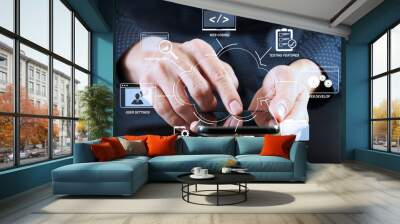 close up of businessman hand working with mobile phone in modern office Wall mural