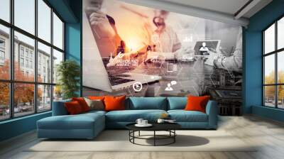 co working team meeting concept,businessman using smart phone and digital tablet and laptop computer in modern office with London city exposure Wall mural