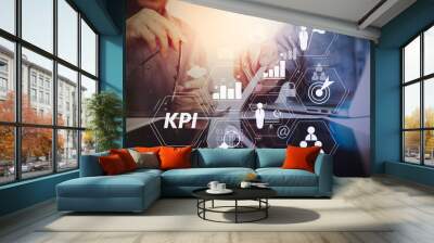 co working team meeting concept,businessman using smart phone and laptop and digital tablet computer in modern office with virtual interface icons network diagram Wall mural