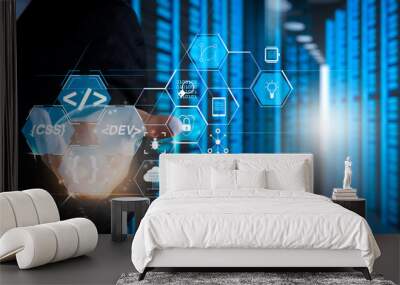 Coding software developer work with augmented reality dashboard computer icons of scrum agile development and code fork and versioning with responsive cybersecurity.Businessman working  Wall mural