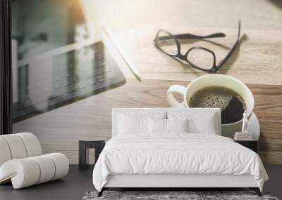 Coffee cup and Digital table dock smart keyboard,eyeglasses,styl Wall mural