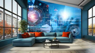 Cyber security and data protection Business Intelligence, businessman and digital tablet global network connection, data exchange, digital technology, data science Investment on global business. Wall mural