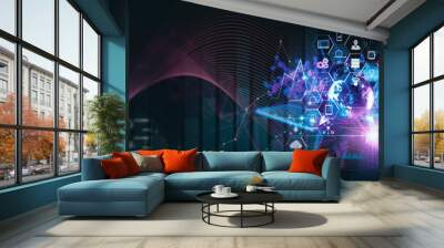 Digital software technology,Computer programmer, mobile app development concept. software developer coding technology computer with javascript and binary code. Wall mural