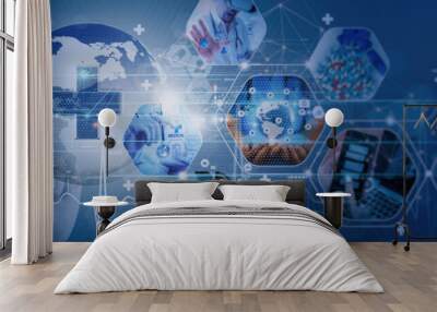 Doctor with virtual globe  healthcare network connection concept.Science and medical innovation technology future sustainable smart services and solutions in global research networks. Wall mural