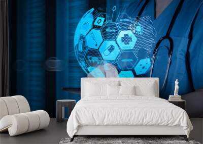 Doctor working on a digital tablet with digital background as concept Wall mural