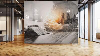 Double Exposure,businessman working with new start up project.using smart phone digital tablet docking smart keyboard on wooden desk,sun effect Wall mural