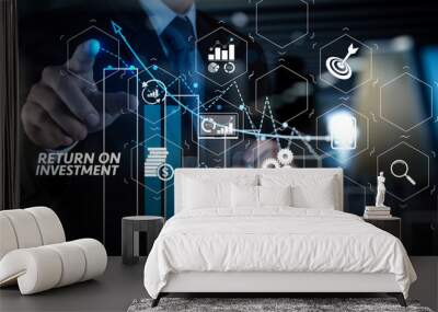 Double exposure of businessman hand working with new modern computer and business strategy Wall mural