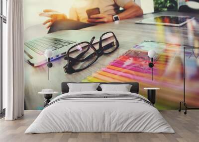 eye glass on wooden desk with Website designer working digital t Wall mural