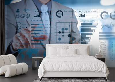 Intelligence (BI) and business analytics (BA) with key performance indicators (KPI) dashboard concept.business documents on office table with smart phone and digital tablet and graph  Wall mural