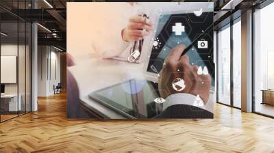 medical co working concept,doctor working with smart phone and digital tablet and laptop computer to Wall mural