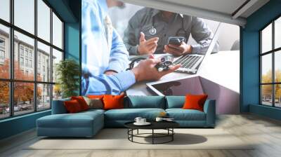 Medical technology network team meeting concept. Doctor hand wor Wall mural