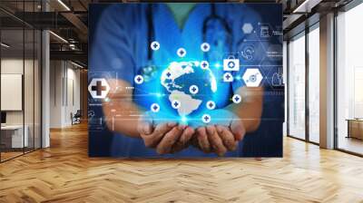 Medicine doctor hand working with modern computer virtual dashboard as medical network concept Health care and medical services concept with world or global form and AR interface. Wall mural