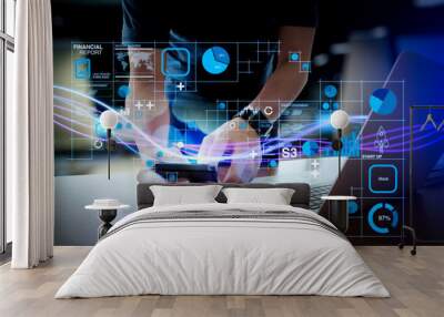 Waves of blue light and businessman using on smartphone as concept Wall mural